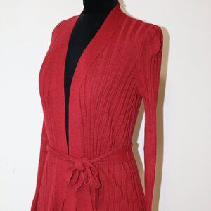 White House Black Market True Red Ribbed Duster Sweater Cardigan w Belt S